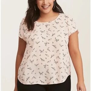 Torrid Chiffon Blouse Womens 2 Pink Bird Print Short Sleeve Keyhole Tie Back Top